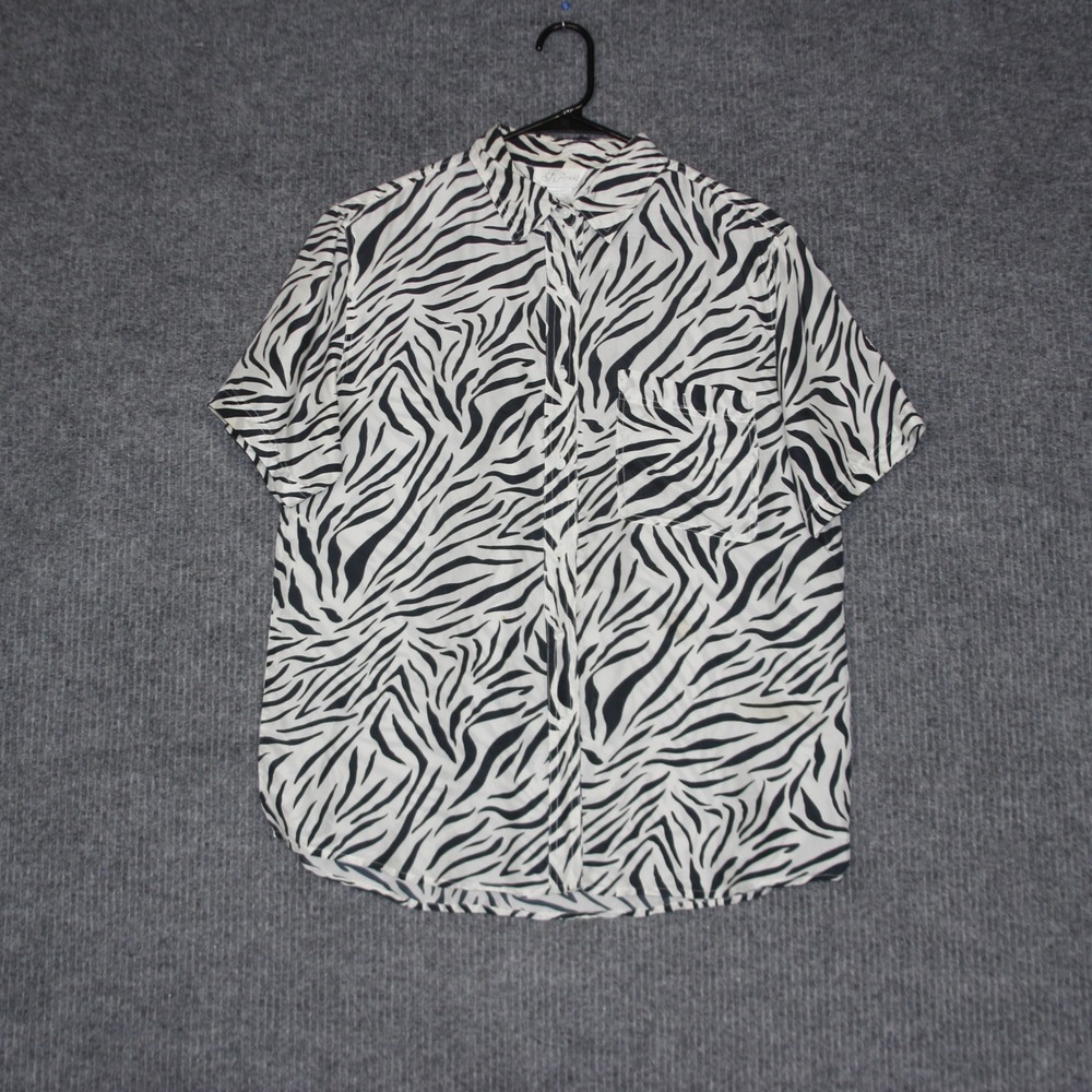 K Arnold Womens Short Sleeve Button Down Shirt Zebra Print Size M Retro Style